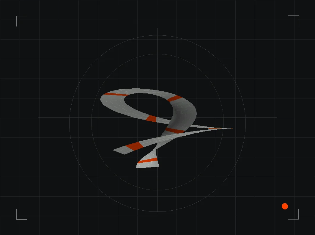 Generated study of a winding sculptural form against a technical grid