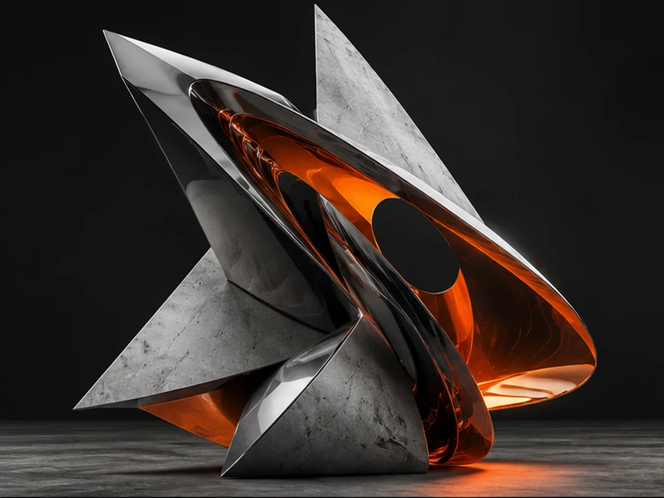 Sculptural polished industrial surfaces in grayscale with an ember-orange reflection